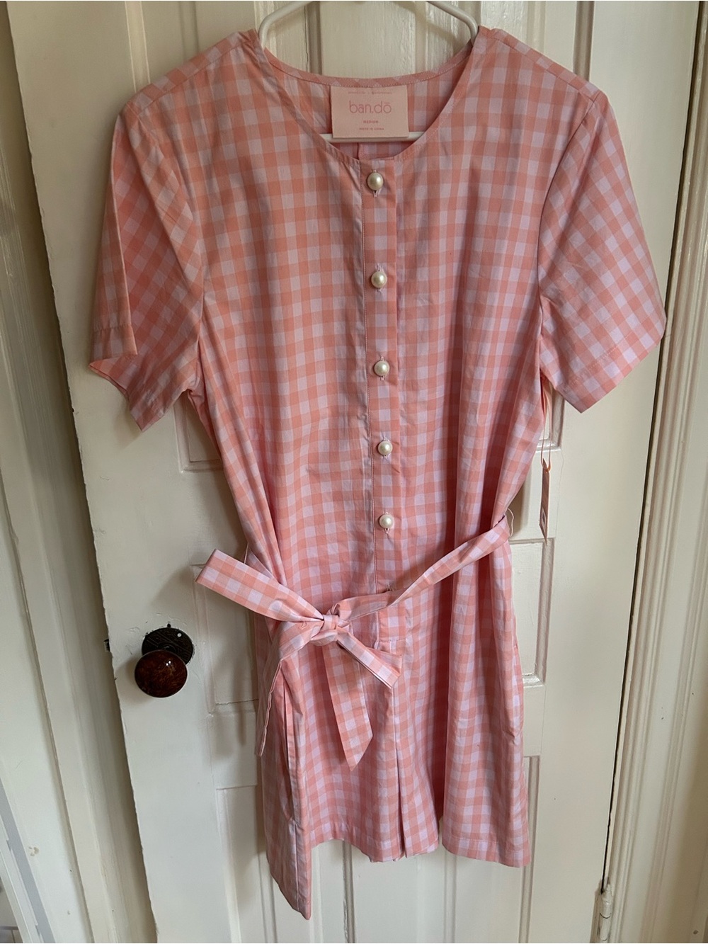 ban.do Pink Gingham Button Up Romper with Belt